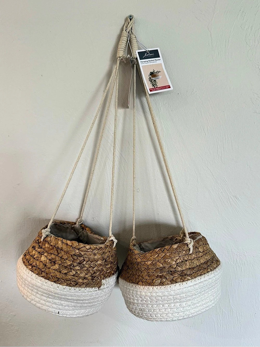 Set of 2 Belavi Hanging Basket Planter Cream & Brown Boho Indoor Outdoor